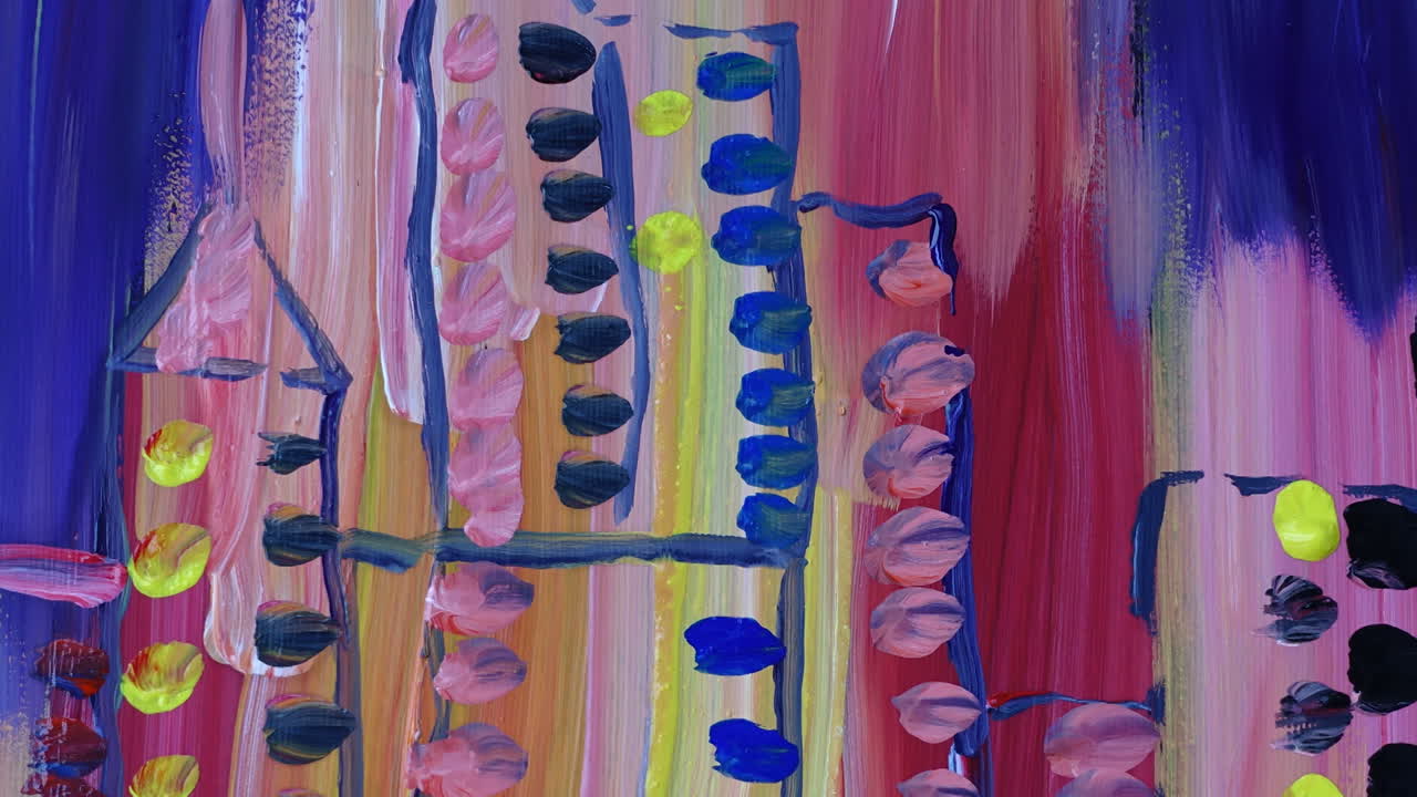 We draw the city and skyscrapers. Time lapse. Drawing of a picture gouache