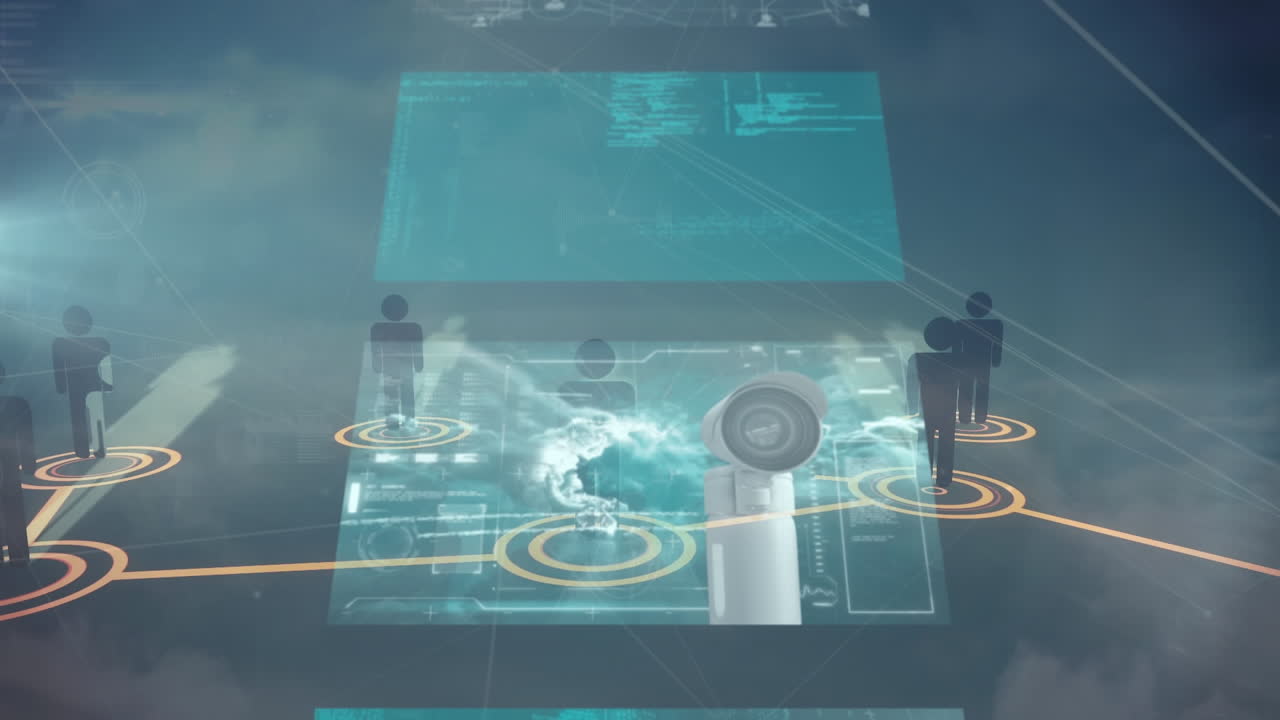 비즈니스맨들의 네트워크 아이콘이 화면을 가로질러 하늘의 구름에 대한 데이터 처리를 합니다.