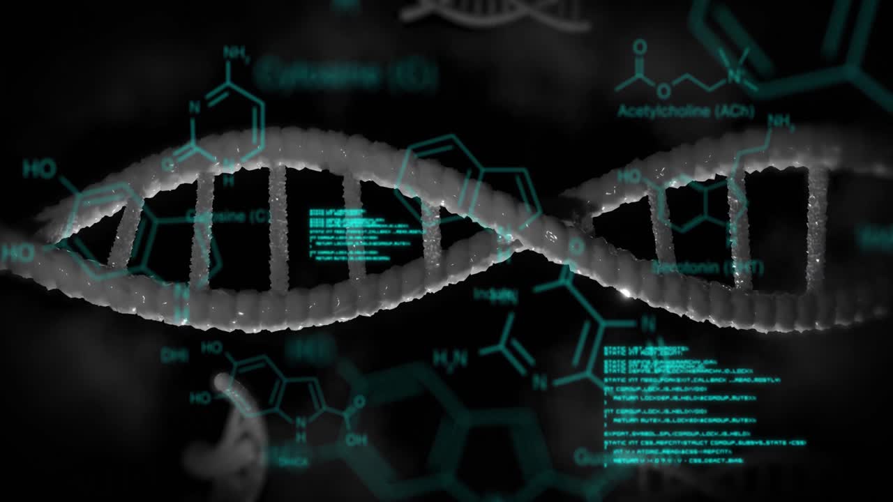 Animation of dna rotating over scientific data on black background