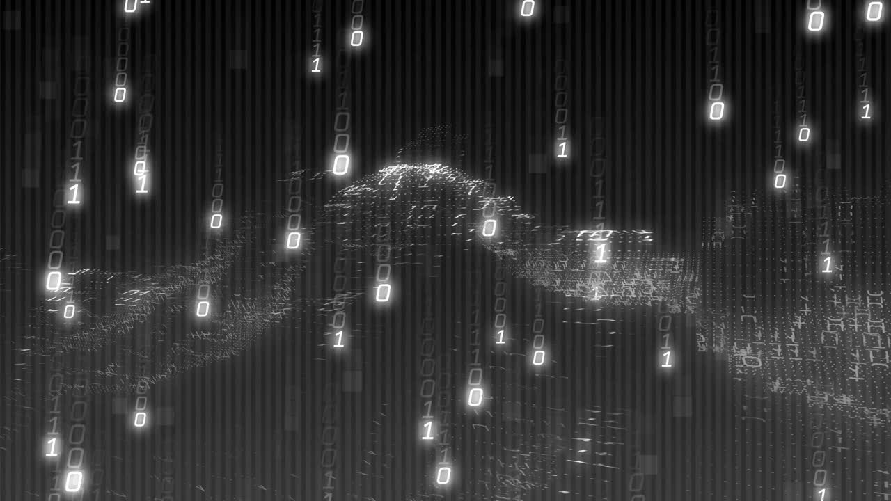 블랙 배경에 파동되는 바이너리 코딩 데이터 처리의 애니메이션