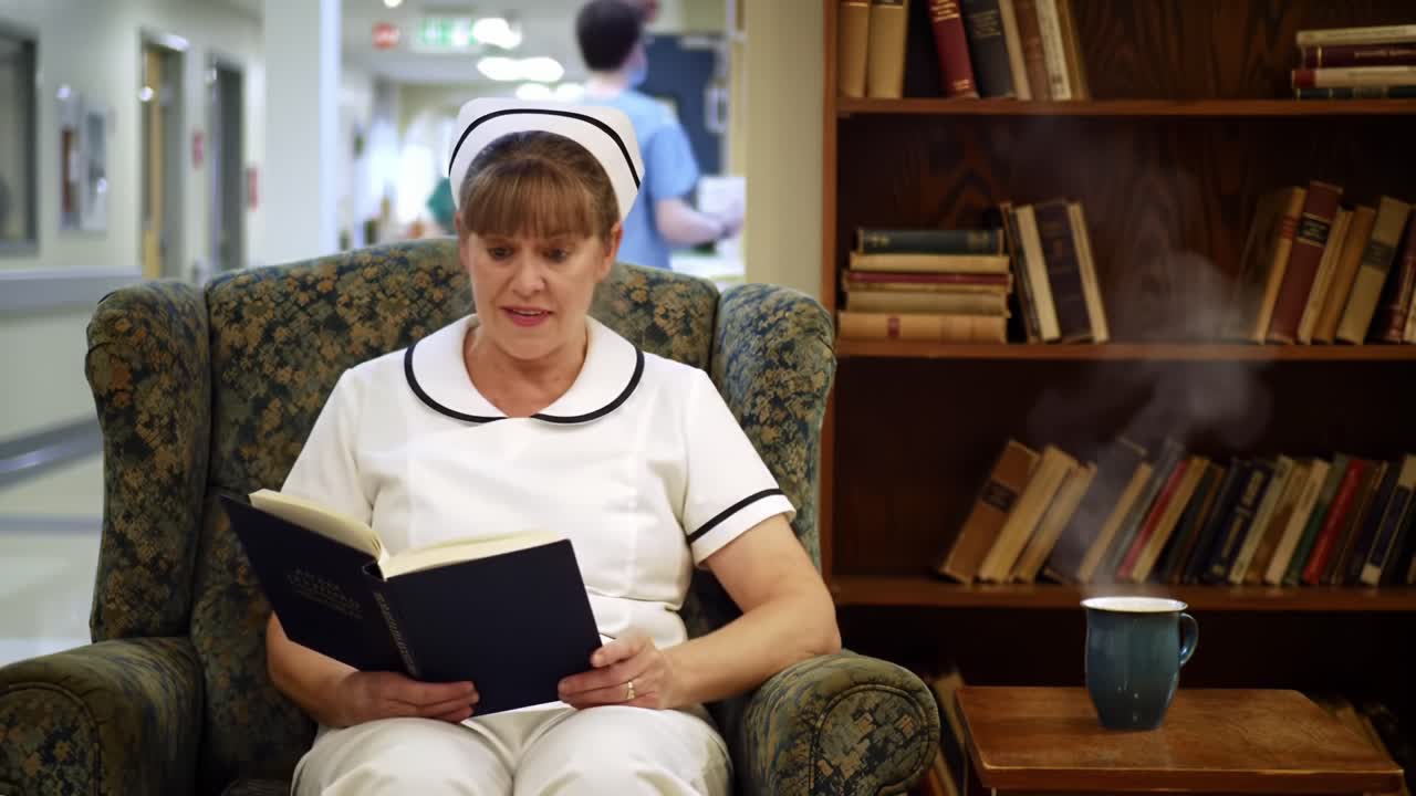 A Nurse Shares a Quiet Moment in a Library Corner, Engrossed in Her Book While Enjoying a Warm Cup of Tea, Amidst Shelves of Literature and Calm Atmosphere