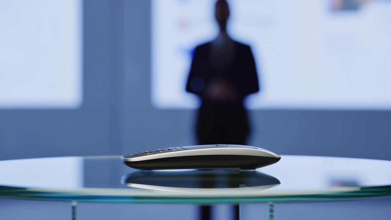 Close up view of wireless presentation remote on glossy round glass table with sharp mirror reflection in foreground while heavily blurred business presenter silhouette stands centered against cool