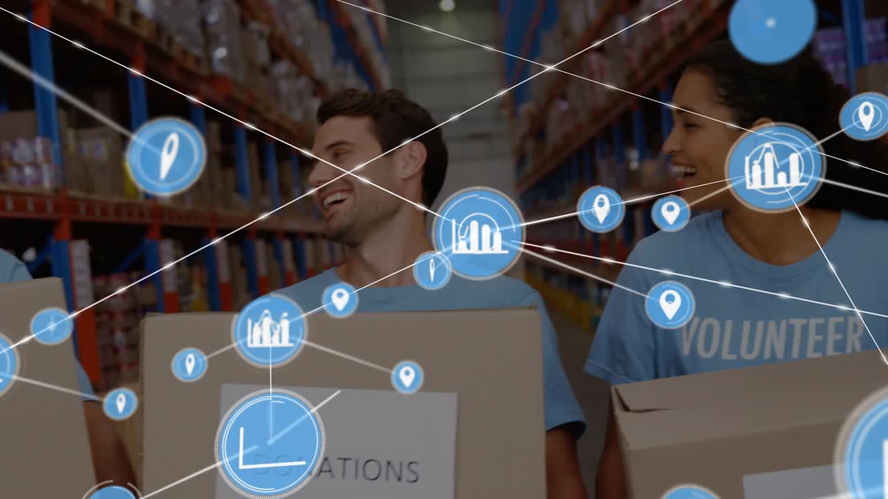 Animazione di una rete di connessioni con icone sopra vari volontari in un magazzino.