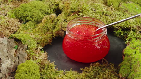 red caviar in a jar on moss