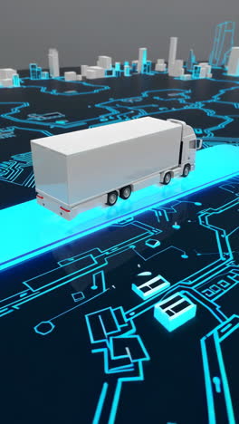 futuristic delivery truck on a digital circuit board highway