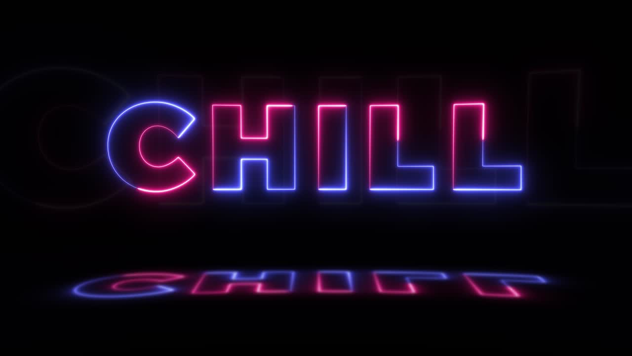 neón brillante palabra 'chill' en un fondo negro con reflejos en un piso. signos de brillo de neón en gráfico de movimiento de bucle sin costuras