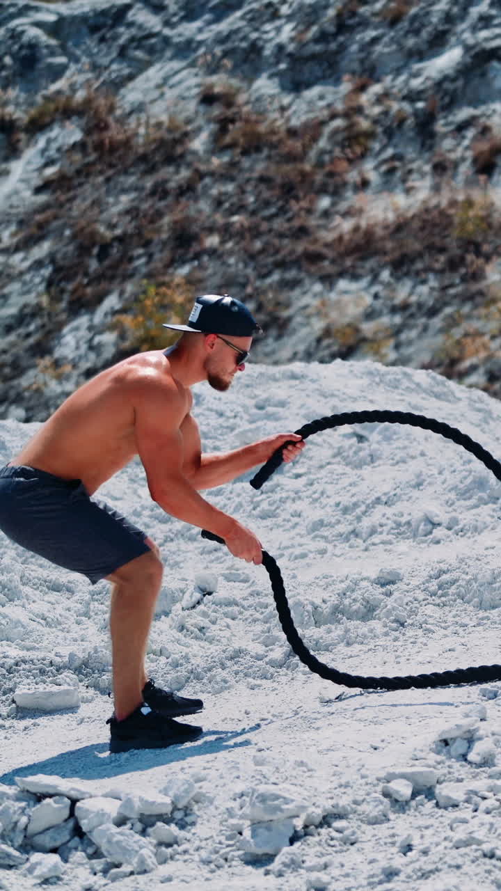Side view on bodybuilder training with battling ropes outdoors. Handsome athlete quickly moves his hands with cables on the mountain background. Vertical video