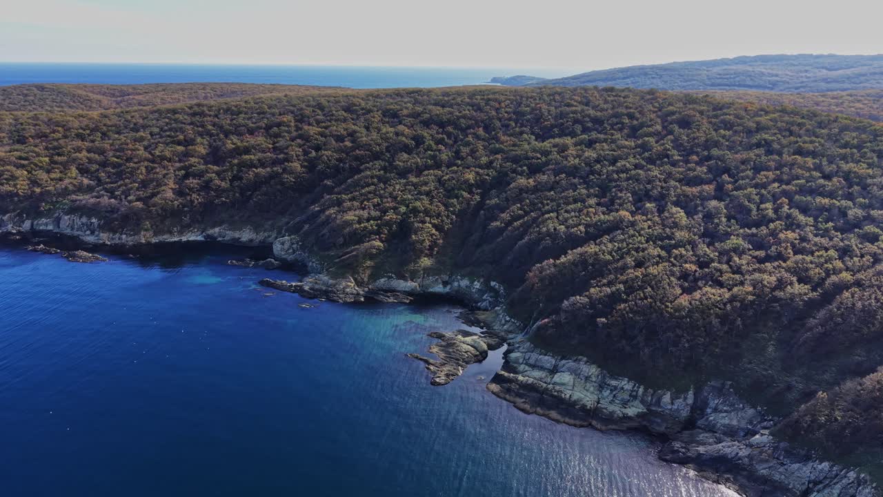 Aerial view of a coastal landscape with greenery and blue waters