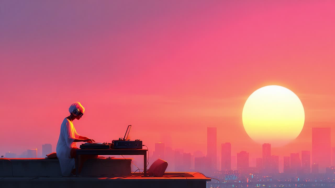 A DJ Enjoying the Sunset: Captured Moments on a Rooftop with Urban Cityscape in the Background, Blending Music and Nature's Vibrant Palette of Colors