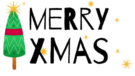 animation of merry xmas text with christmas tree on white background