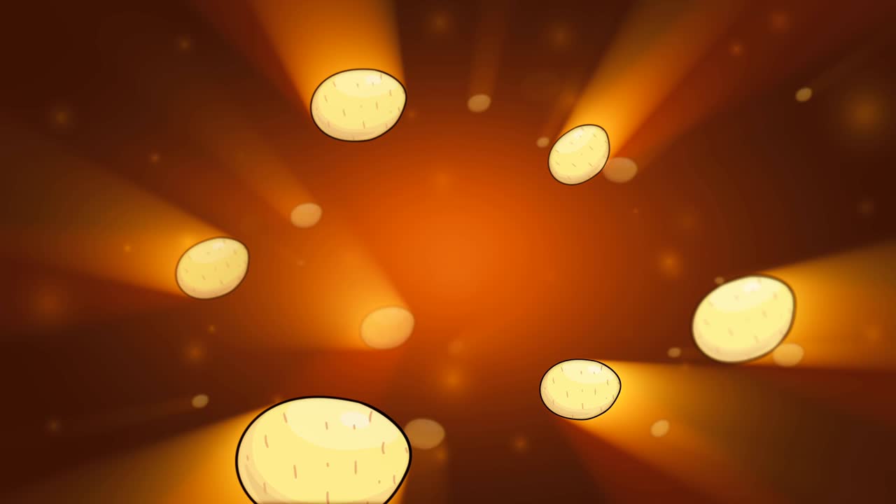 다채로운 감자는 갈색 배경에서 밝은 빛에서 천천히 움직입니다. 3d 루프 애니메이션.
