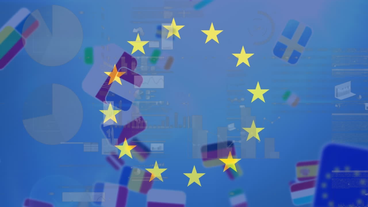 Animazione di stelle che girano sulla bandiera dell'UE e elaborazione dati su miniature di bandiere di paesi dell'UE che cadono