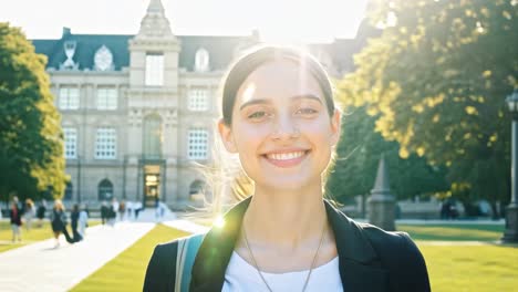 portrait of a smiling student on a sunny university campus