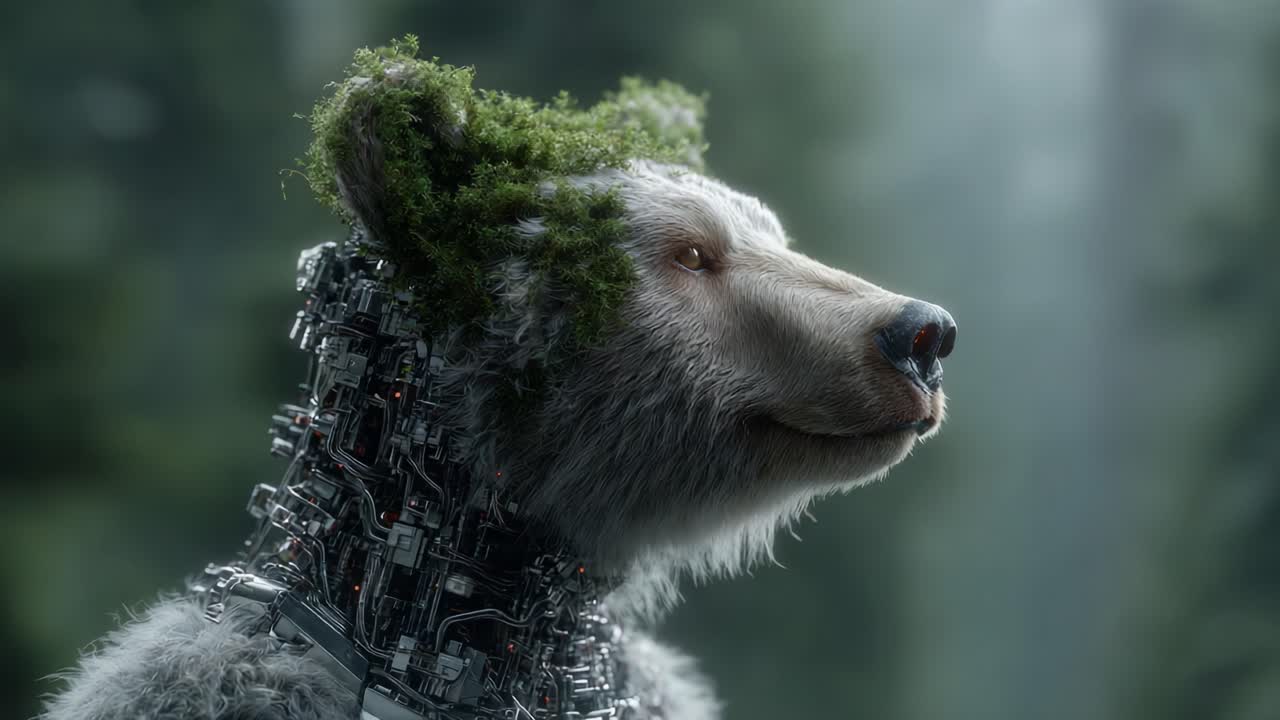 A futuristic robotic bear with a lush mossy mane stands in a serene forest, showcasing a blend of nature and technology in a captivating visual narrative