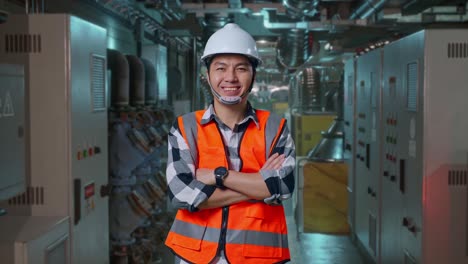 asian male engineer with safety helmet crossing his arms and smiling to camera while standing in engine control room, work of electrical generators