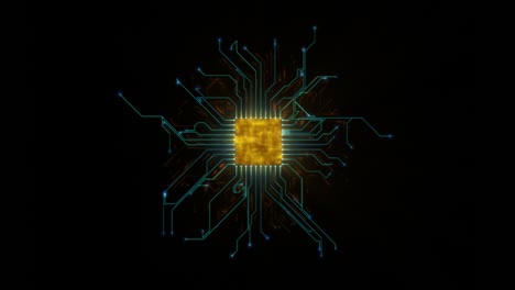 cpu en una placa base enviando conexiones de circuitos electrónicos hacia afuera en un fondo oscuro
