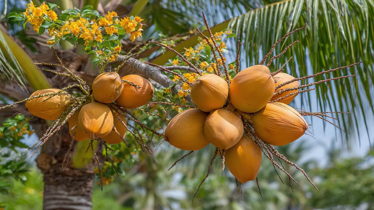 Vibrant Display of Tropical Fruits and Flowers: A Close-Up of Golden Coconuts and Bright Blossoms in a Lush Tropical Setting