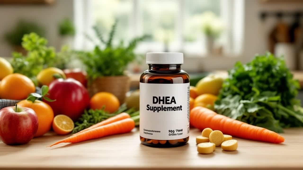 Bottiglia ambrata di integratore DHEA appoggiata vicino a prodotti freschi, evidenziando il benessere nutrizionale e l'integrazione alimentare equilibrata su una superficie di cucina in legno.
