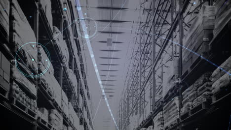 animation of network of connections over shelves in warehouse