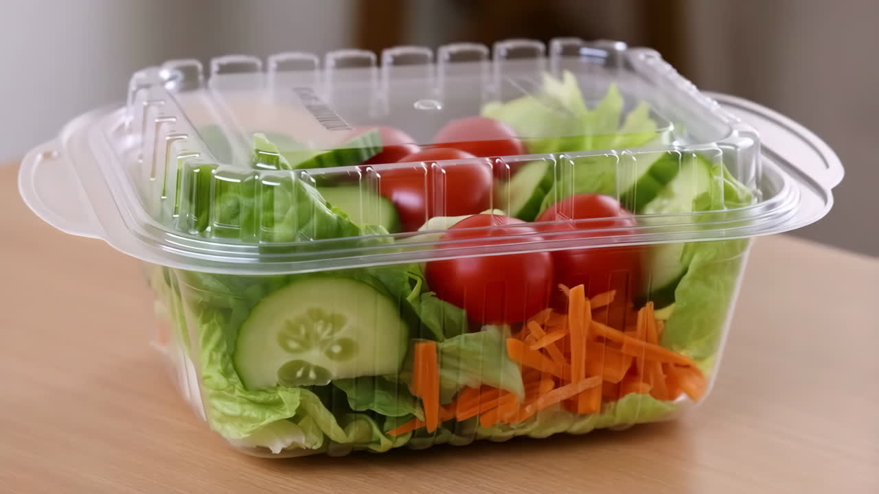 Fresh salad in a clear plastic container