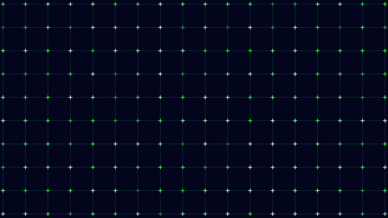 Abstract tech grid with glowing green and white cross markers on a dark blue background, ideal for UI overlays, motion design, data visualization, and sci fi themes