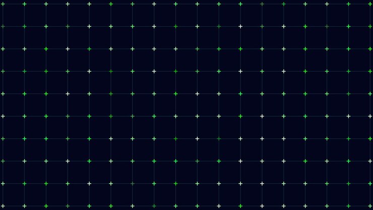 Abstract tech grid with glowing green and white cross markers on a dark blue background, ideal for UI overlays, motion design, data visualization, and sci fi themes