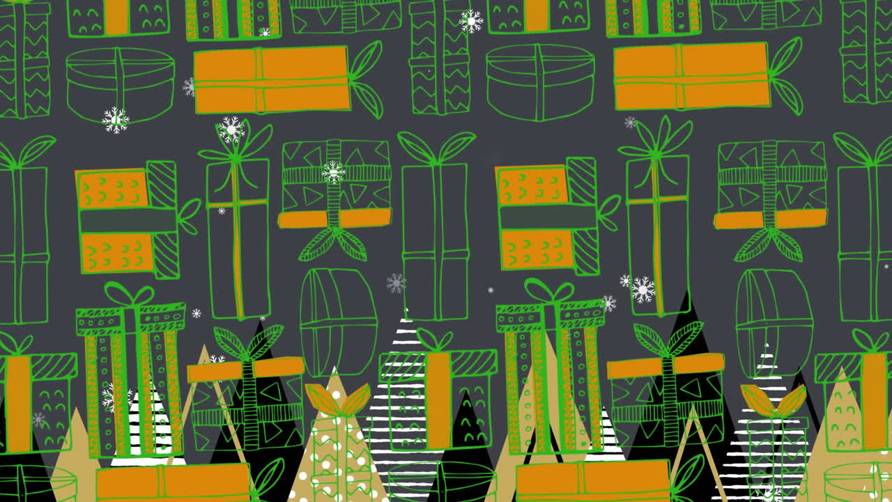 여러 개의 크리스마스 트리 아이콘 위에 떨어지는 스노우플레이크 크리스마스 선물 아이콘 위에 원활한 패턴으로