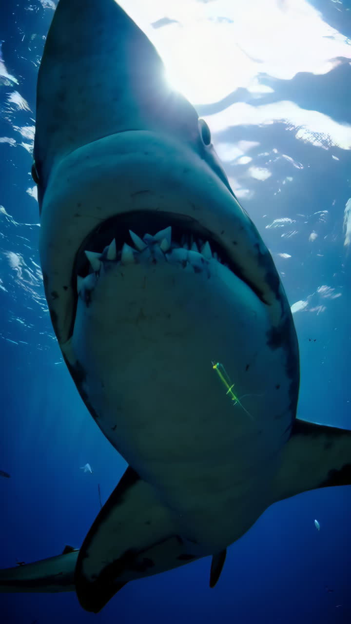 Close-up Low-Angle View of a Great White Shark Underwater