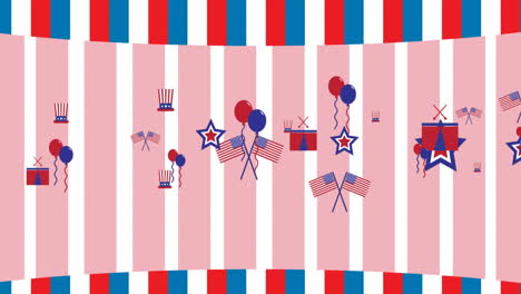 animation of ballons, stars and hats moving over american flag