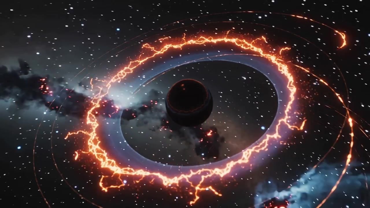 Appearing fragmented orange ring around dark sphere, arcs rotating clockwise as blue disk forming