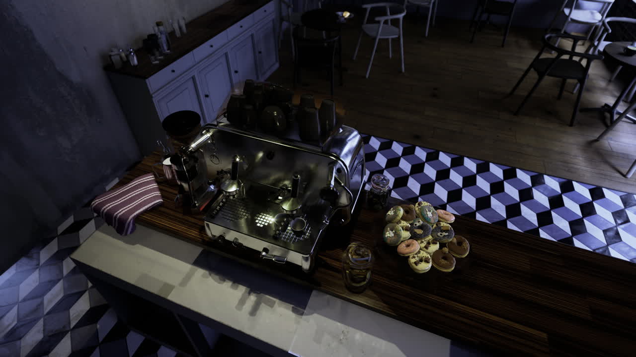 Modern coffee shop setup with espresso machine and pastries on display