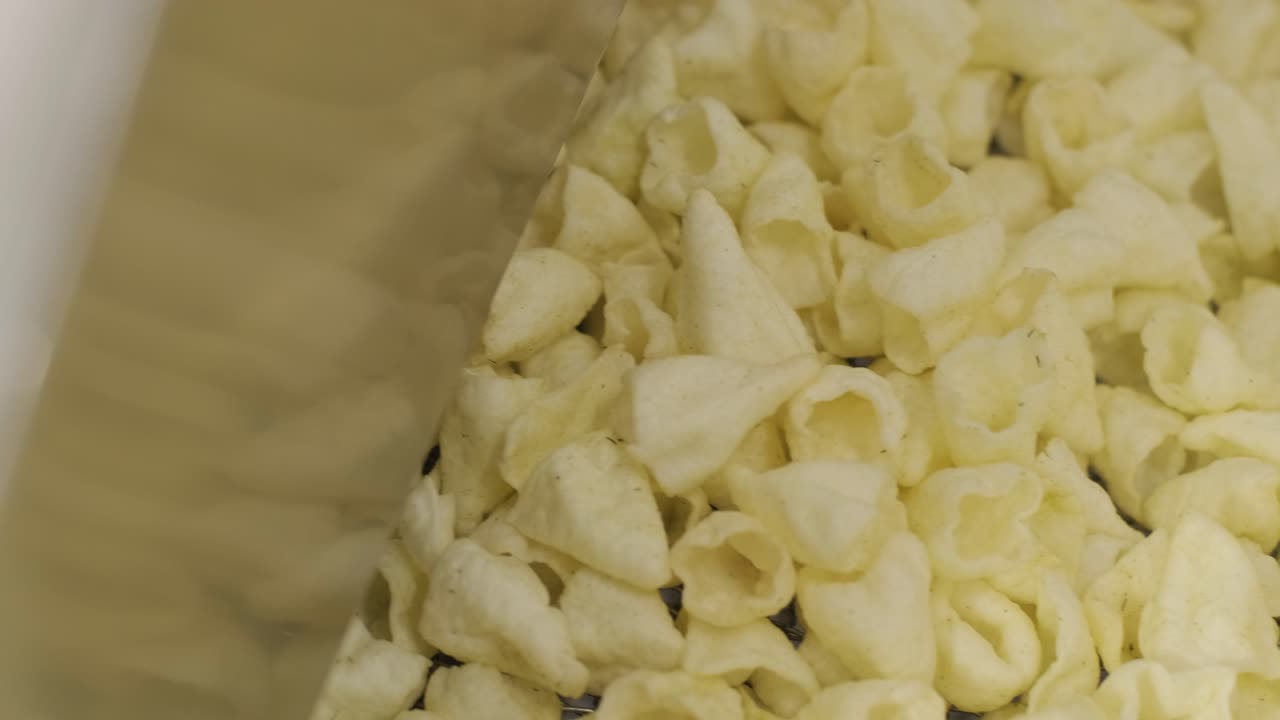 la línea de producción de la fábrica mueve las patatas fritas doradas después de freír. línea de fabricación de la fábrica de pasta