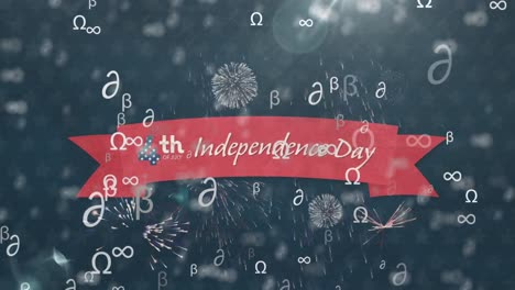 Multiple-mathematical-symbols-over-independence-day-text-banner-against-fireworks-exploding