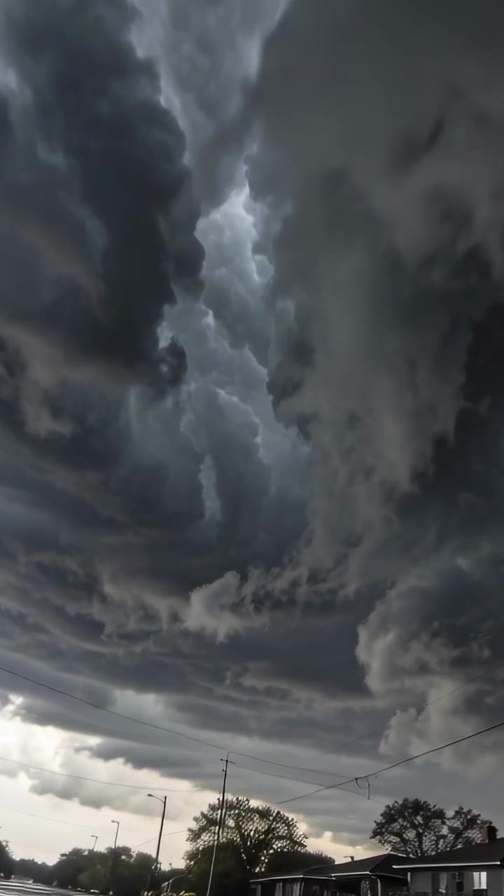 Vertical video: Recording cell tilting up as storm clouds lowering over wet suburban lane and poles