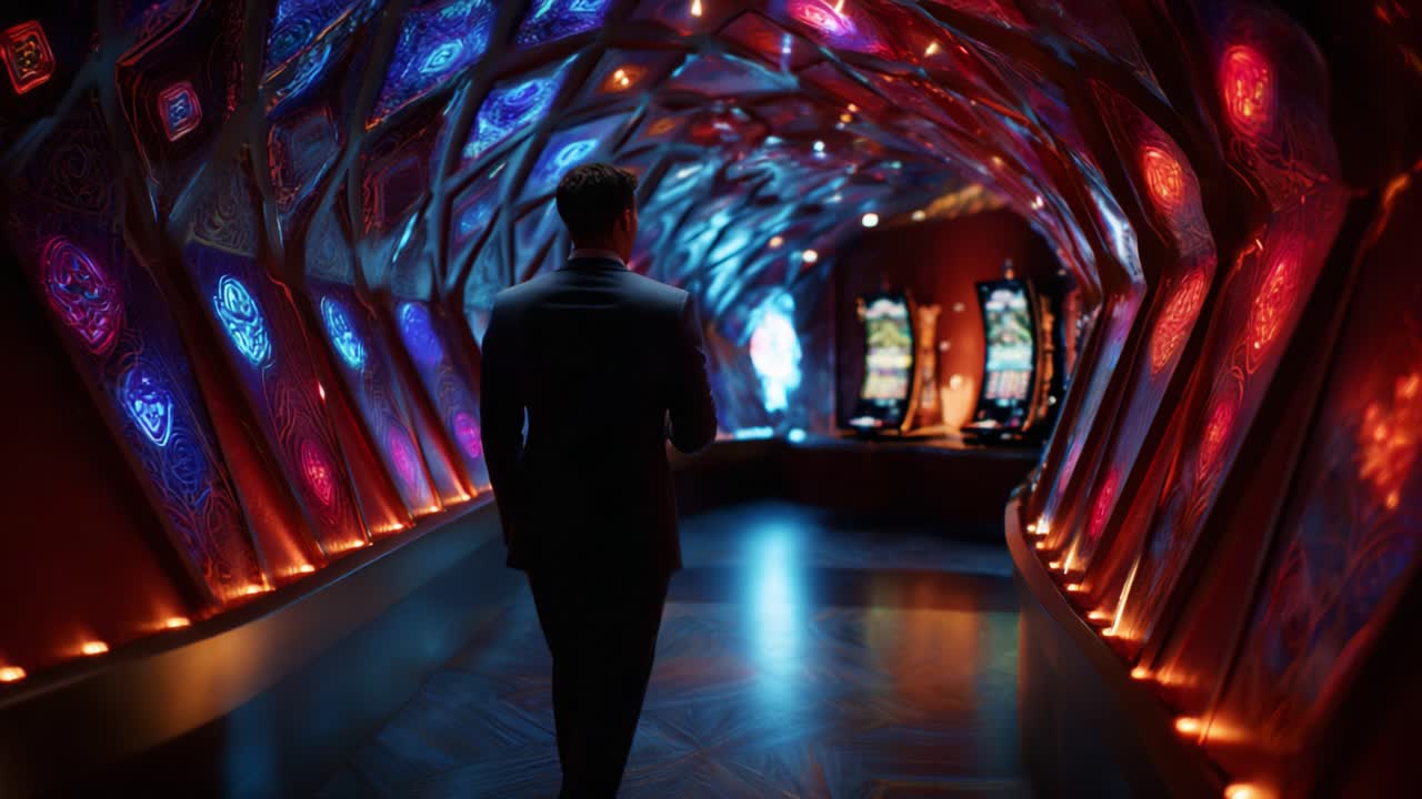Un pasaje misterioso envuelto en una iluminación colorida, que conduce a las máquinas tragamonedas en un entorno de casino moderno, capturando a la perfección el aura de emoción y anticipación