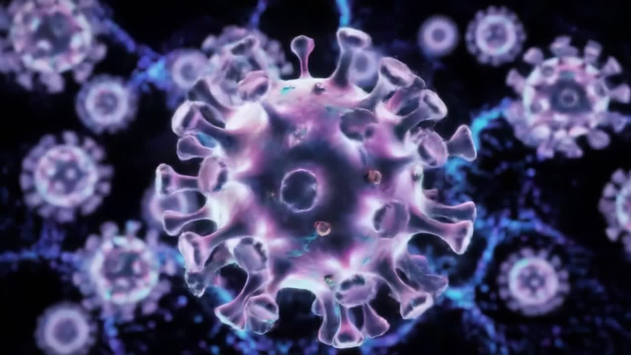 Microscopic Visualization of Virus Particles Showing Complex Structures and Intricate Designs Under a High-Resolution Lens, Highlighting Their Biological Significance and Interaction Dynamics