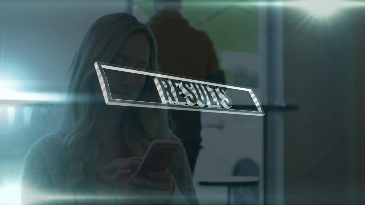 Using smartphone, woman viewing RESULTS text animation in school environment