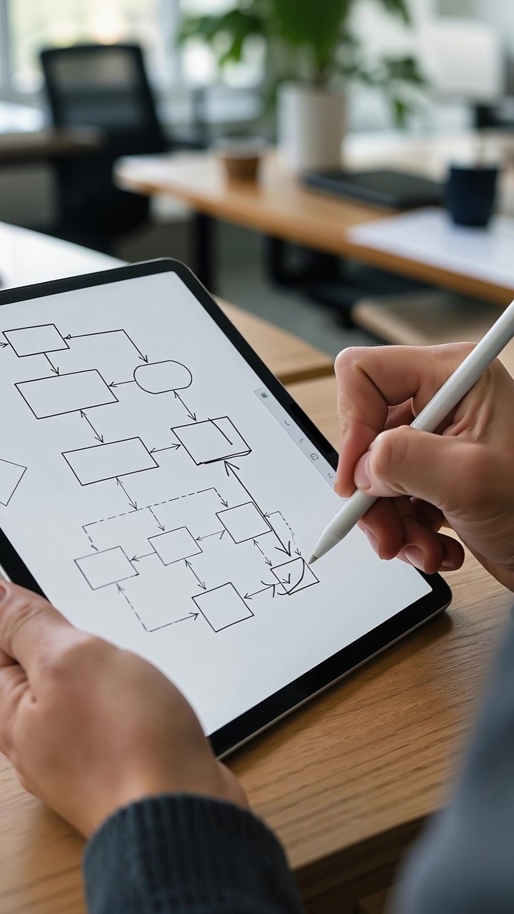 Mano che usa uno stilo per disegnare un complesso diagramma di flusso aziendale su un tablet digitale in un ufficio.