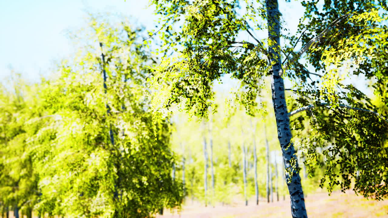 березовый лес в солнечных лучах по утрам