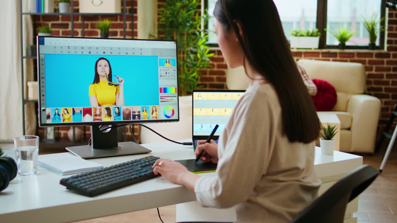 아시아 그래픽 디자이너가 사진 리투치에 편집 소프트웨어를 사용합니다.