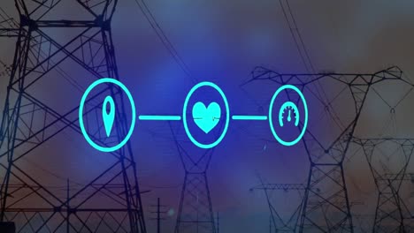 animation of network of neon digital icons against mobile towers