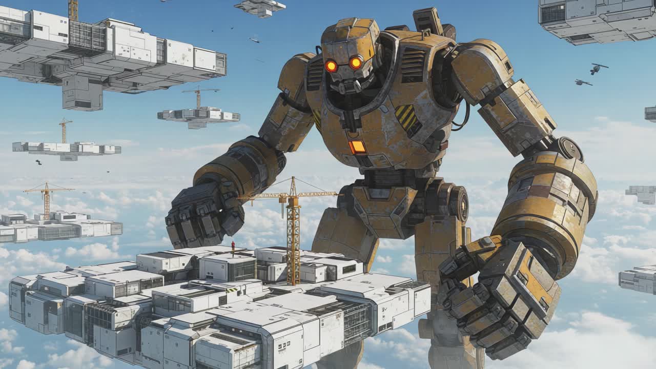 Massive Mechanical Behemoth Overlooking Futuristic Floating Structures in a Skybound Realm of Innovation and Engineering Marvels