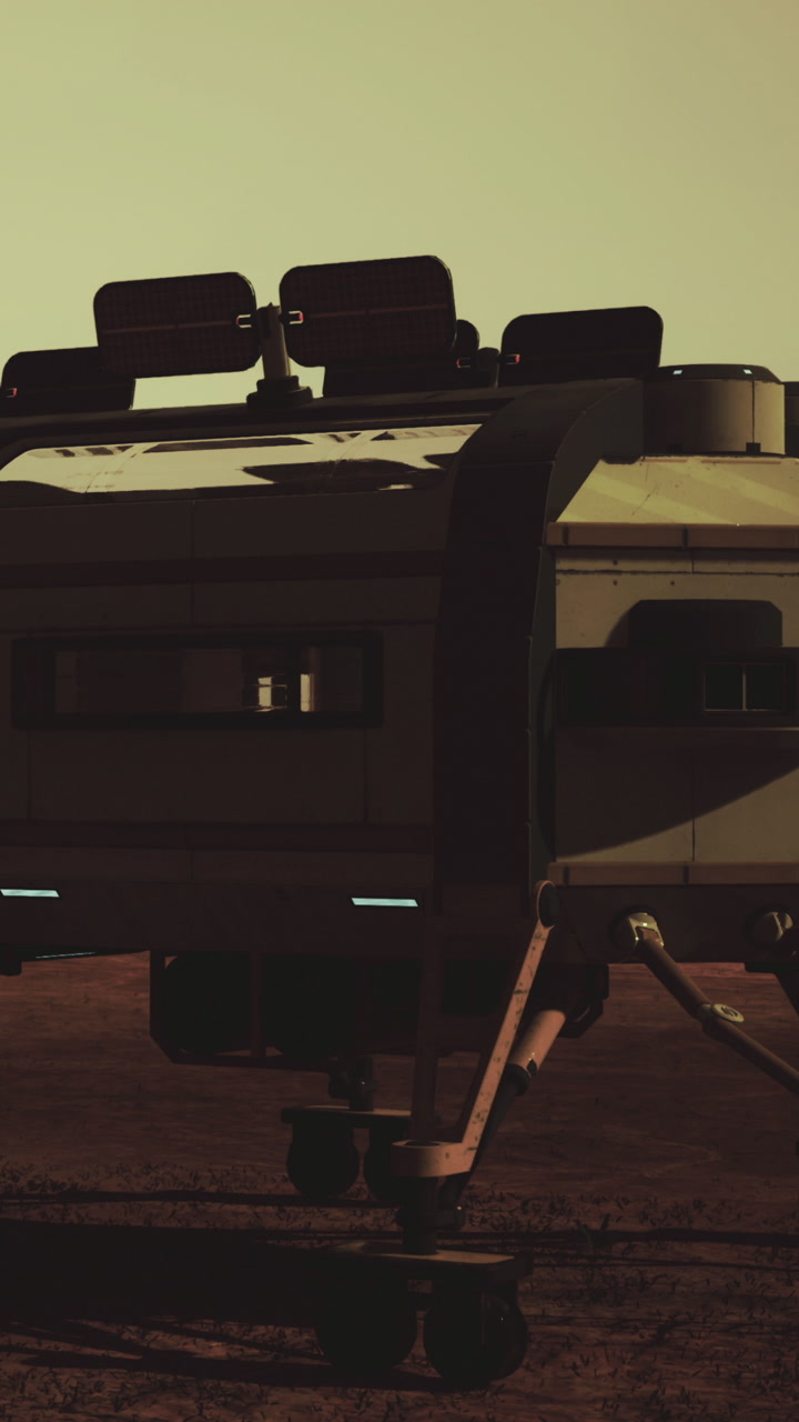 Mars base under setting sun with rovers exploring surface