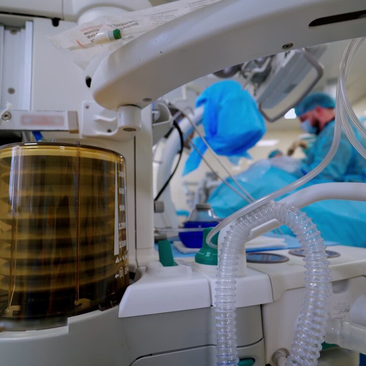 Modern medical equipment in the operating room. Working device for artificial lung ventilation for patient's life support. Intensive care unit in the hospital. Close-up.