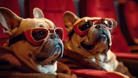 two dogs wearing sunglasses and sitting in a theater. scene is lighthearted and playful