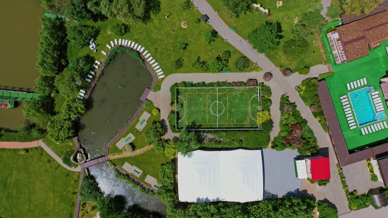 Aerial view of luxury resort. Top down view of resorts with houses and swimming pools