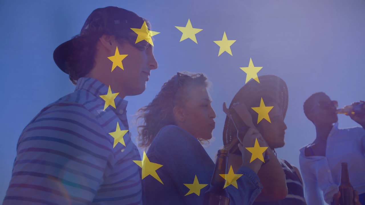 European Union stars overlay on friends having fun outdoors in sun