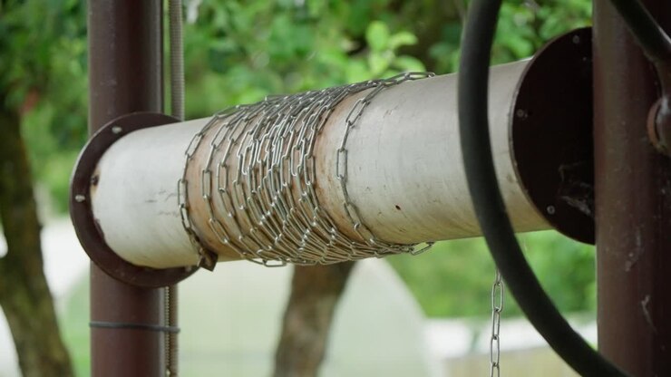Industrial detail of heavy chain wrapped around white pipe winch for manual water well. Traditional rustic technology used in rural areas of Latvia for fetching groundwater on farm