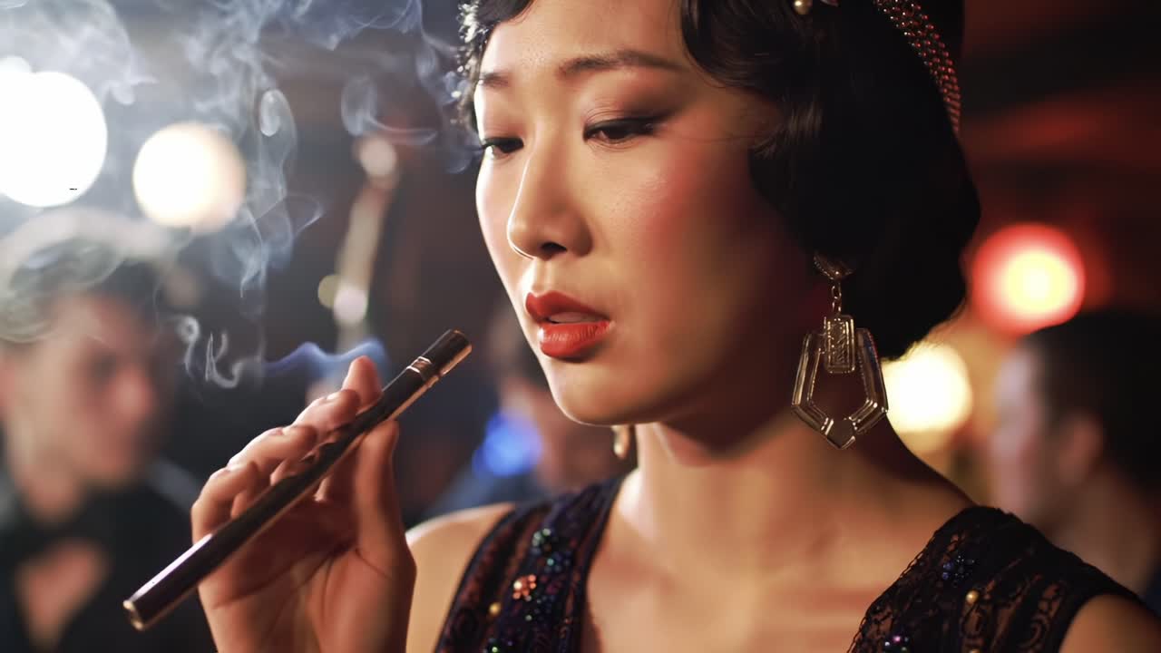 A Captivating Moment of Elegance: A Glamorous Woman in a Vintage Atmosphere Holding a Slim Vaporizer Amidst a Soft Cloud of Smoke