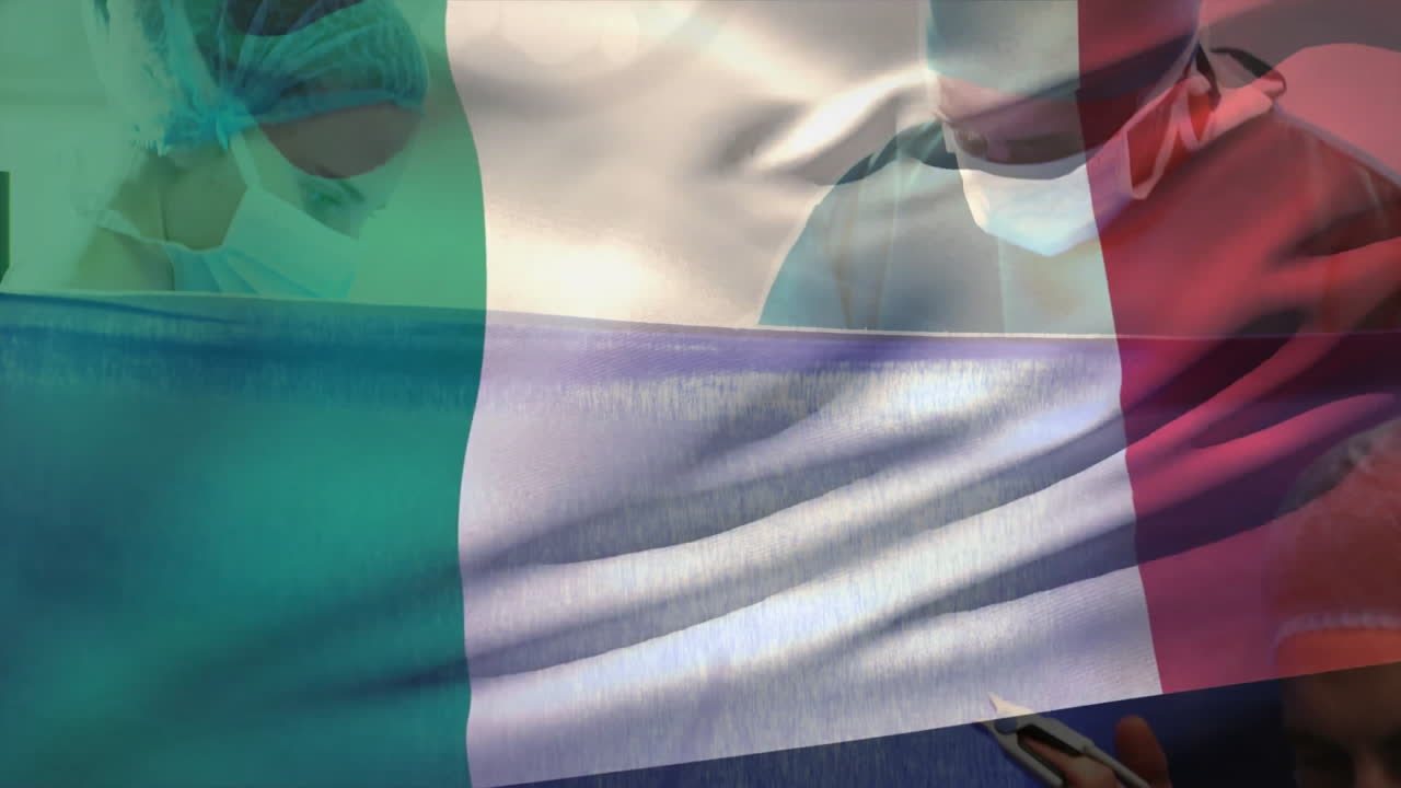 Healthcare professionals working over Italian flag, symbolizing medical efforts in animation